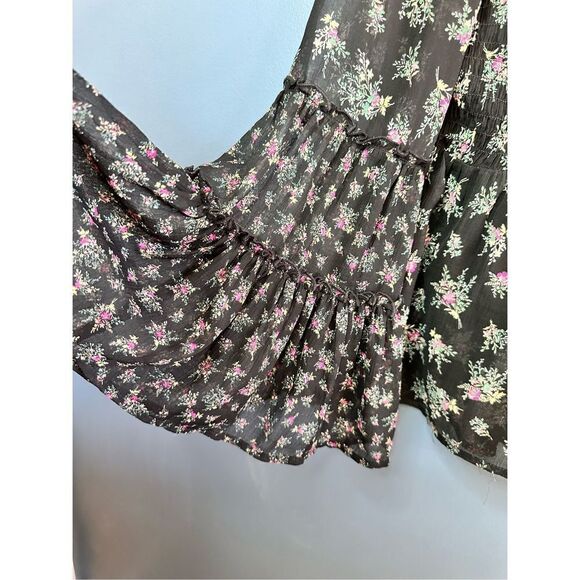 American Eagle Floral Bell Sleeve Boho Blouse Black Size Small - Picture 4 of 7